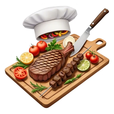 icon featuring a chef’s hat, a cutting board with fresh ingredients, a knife, a beautifully cooked ribeye steak, shashlik skewers, and a plate of food in the making. The design captures the passion of cooking with warm, inviting colors, and realistic textures. Transparent background. sticker