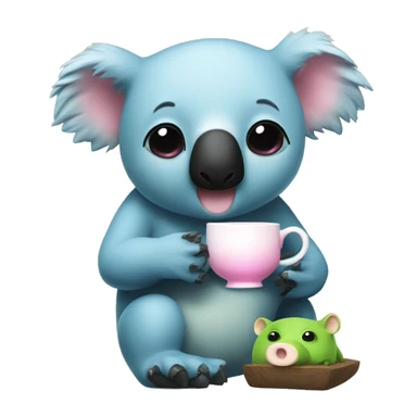 A bipedal blue koala with a white stomach and black eyes and nose having tea with a bipedal green pig with black eyes and a pink nose sticker
