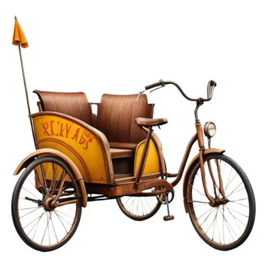 ​Cinematic Realistic Tricycle Rickshaw, depicted as a vintage manually operated vehicle featuring two front wheels and a single rear wheel, rendered with detailed rustic textures, vibrant colors, and dynamic urban lighting that captures its unique design and cultural charm, sticker