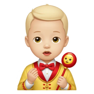 baby guy, pacifier, wearing yellow chinese royal ancient custome, red bow tie sticker