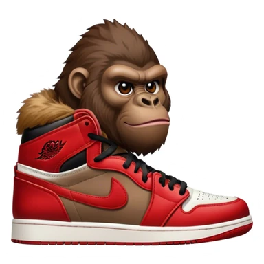 Make a fusion photo that combines an apple and a gorilla. The apple will be the body of the gorilla, and the hands of the gorilla will come out of the apple's sides. The apple will wear a pair of air Jordan 1's, red and white.  sticker