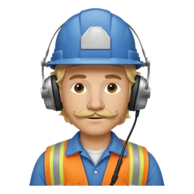 construction worker with blond long curly hair and protective headphones and mustache sticker