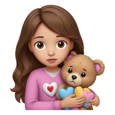 girl with long wavy brown hair, brown eyes, light to medium complexion, in a pink shirt, pink lips, long lashes, sad, hugging squeezing a teddy bear with bandaid hearts sticker