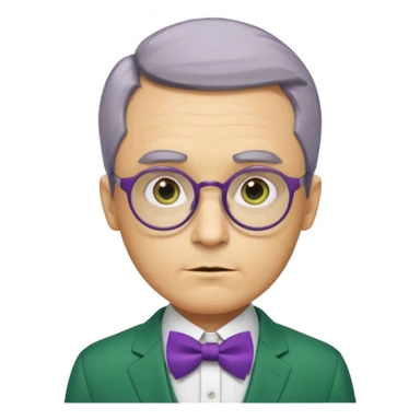 yellow-skinned man with neatly parted brown-gray hair, thick rectangular eyebrows, large round eyes behind thin glasses, a pointed nose, and a green suit with a white collar and purple bow tie. sticker