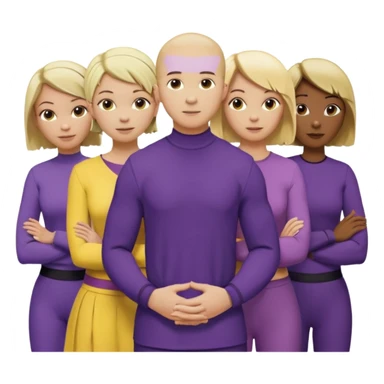 5 person team; 2 men and 3 women.  All dressed in yellow or purple.  1 caucasian woman with blonde mid length hair. 1 caucasian woman with blonde short length hair. 1 caucasian woman has ash blonde hair tied up. 1 man is African-american and bald, 1 man is caucasian and very little hair left.  
 sticker