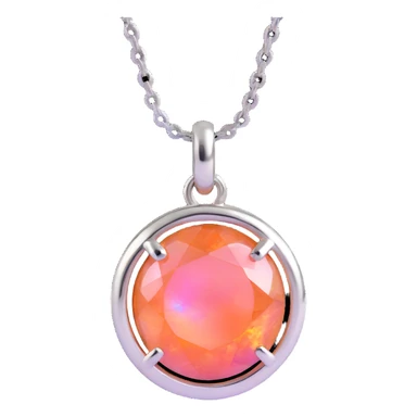 close-up round cut pink fire opal charm with intense iridescent pink and orange colors, silver setting, silver jump ring sticker