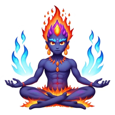 a mystical fast lava creature without arms with molten lava on its head and some rocky shoulders, fire crystals, blue flames, fire legs, no background, purple flames, mystical eyes, 8 arms, meditating creature sticker