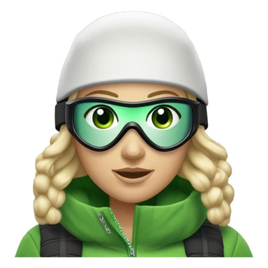 Green-eyed, fat female skier with medium-length straight blonde hair no curls, snow goggles on top of helmet, white ski helmet, gray snow jacket, green ski gloves, long black pants rolled up at the bottom, black only snow boots standing tall. sticker