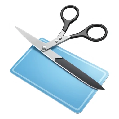 Floating black Scissors cutting a light blue military ID card in 2 parts .hyper realistic sticker