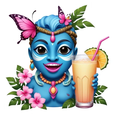 Pixar style little Blue and pink tiki singing with a butterfly and tropical drink, ultra detailed and lifelike imagery, realistic sticker
