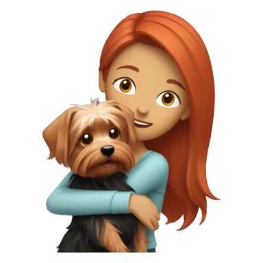 Woman with red hair hugging a Yorkshire terrier sticker