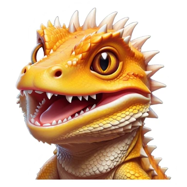 Cinematic Comical Bearded Dragon Portrait Emoji, Head tilted dramatically with an exaggeratedly amused expression, featuring a striking, glossy scaled hide with a quirky, spiky beard and wide, expressive eyes full of playful disbelief, Simplified yet hilariously expressive features, highly detailed, glowing with a slightly sassy glow, high shine, dramatic yet playful, stylized with an air of cheeky mischief, bright and endearing, soft glowing outline, capturing the essence of a spirited and over‐the‐top dragon, so meme‐worthy it feels like it could snap its jaws into internet fame instantly! sticker