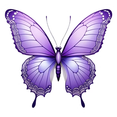  A beautiful, aesthetically pleasing butterfly with lilac and ice-purple wings, with an intricate lace-like pattern around the edges and subtle iridescent accents that shimmer in the light. The wings should have a gradient effect, going from a delicate lilac at the base to a deep ice-purple at the tips. The body of the butterfly should be slender and elegant, with delicate silver details to enhance its ethereal appearance. sticker