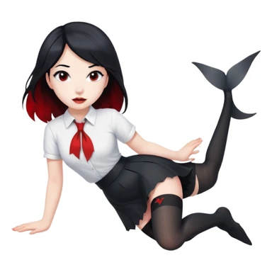 A girl in a white shirt, a black skirt and stockings with black hair, but there are glimpses of red on some areas of hair and also with a shark tail sticker