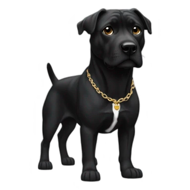 Un staffi femelle noir avec un petit trait blanc sur la tête avec des tache de brunger sur c'est patte arrière avec un collier ver se nomment ugette sticker