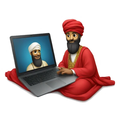 A caliph with turban and red clothes writing in a laptop sticker