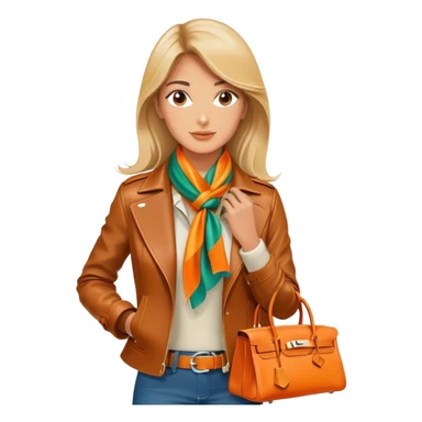 Elegant and tan equestrian woman wearing a leather Hermes jacket and a multicolored silk scarf around her neck. She has an orange Hermes Birkin Bag. I want the image to be close up, starting from the waist up.  sticker