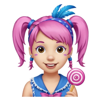 smiling face with pink pigtails, blue bandana decorated with white and purple feathers on top, lollipop in mouth sticker