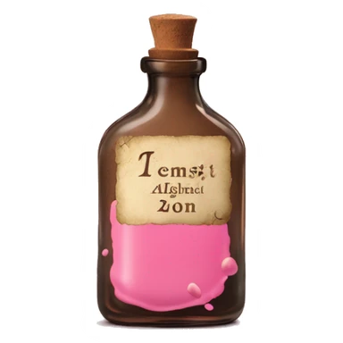 Mysterious Alchemical vintage glass potion bottle, exquisite bottle shape, old and shabby, with label, stylish and minimalistic, brown and pink, oil potion is poured out of the bottle, oil is spilled next to it sticker