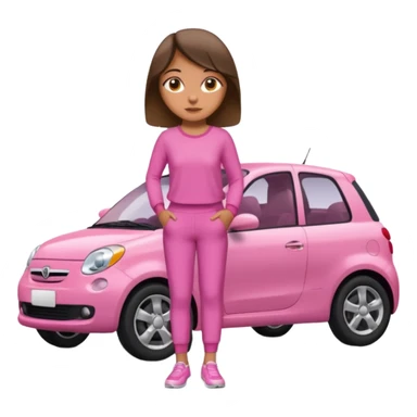 Create me a emoji girl with brown eyes in a pink outfit leaning on a car full body sticker