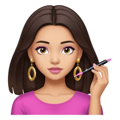 A brunette girl lightskin with mi-long hair and gold earrings wearing a cute pink top while putting mascara maybeline  sticker