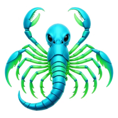 3D render of Radioactive Scorpion, bioluminescent deep sea style, glowing neon blue and green lights, dark background to contrast the glow, translucent organic textures. sticker