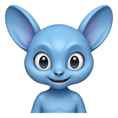 cute blue alien emoji with big floppy ears, sharp teeth, wide eyes, mischievous smile, playful and wild expression, 3D emoji style, round head, soft shading, bold outlines sticker