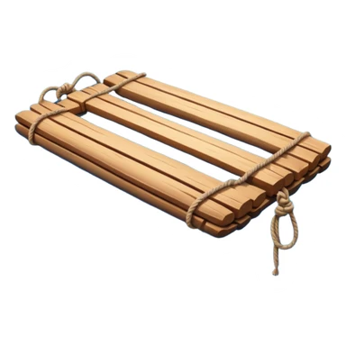 showing a simple wooden raft floating on calm blue water — made of several brown logs tied together with rope — gentle ripples around it — bright, cheerful lighting and soft shadows — minimalist, clean emoji design sticker