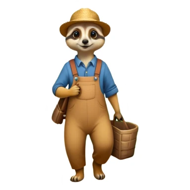 A Meerkat, dressed as a farmer, walking in the field with flowers and bushes surroundings and butterflies flying above  sticker