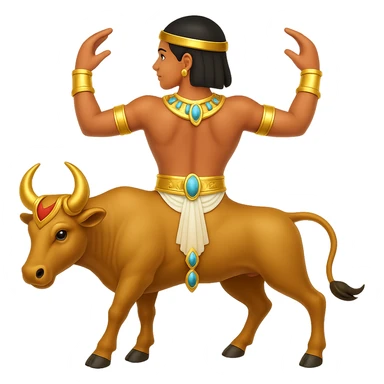 Remove the horns from the Egyptian human bull leaper in the back view 'are you entertained' pose. Add gold jewelry. Preserve all other details. The style is emoji style. Remove the background. sticker