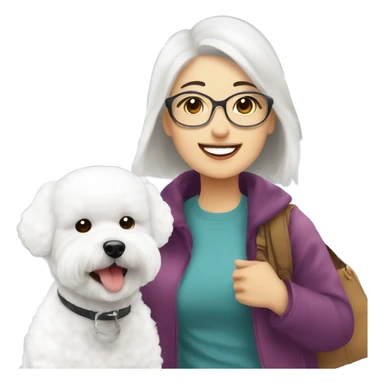 A cute and happy bichon frise with an Asian woman at the airport  sticker