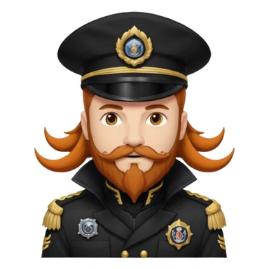 An auburn-hair'ed admiral with a flawless bear and mustache wearing a black admiral outfit and hat with Wolf Ears coming out of the hat, and 9 tails behind him, with the admiral black shirt featuring on the left breast pocket the insignia of Helldivers 2 sticker
