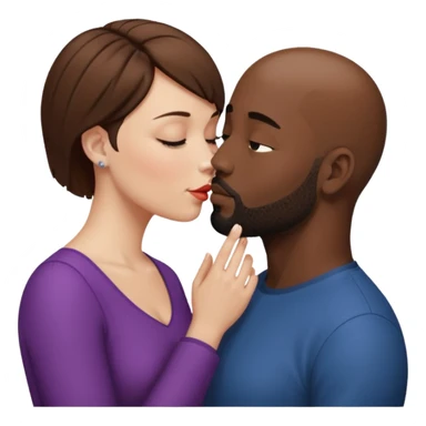 a white woman with short brown hair and a black man with no hair and a beard are facing one each other.  The woman is giving a kiss to the man's forehead sticker