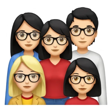 4 persons， 2 female， 2 male, 2male in the middle and 2 female in the side, one female wearing glasses and is black hair, yellow skin, both female are long hair sticker
