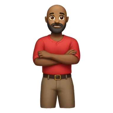 brown bald man with a busy beard in a Cross Hands Pose wearing a red shirt sticker