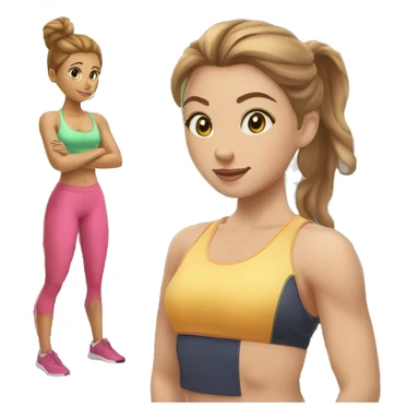 young lady with big greenish eyes, a round nose, light brown hair tied up in a bun with a muscular woman doing spinal exercises at the gym sticker