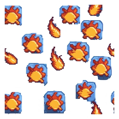 Bomberman horizontal explosion tile, flames extending left to right across full width, bright orange and yellow core with red edges, flames about 60% of tile height, centered vertically, flame wisps details sticker