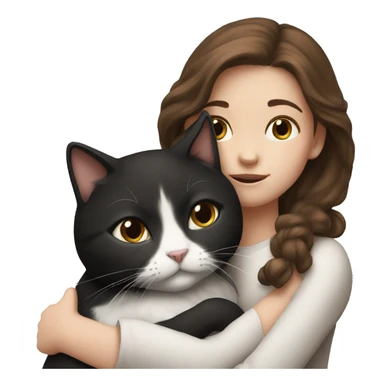 Girl with brown hair cuddling with black and white cat sticker