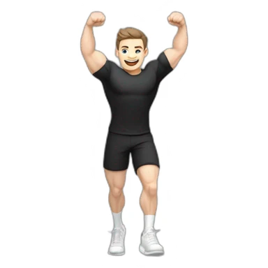 Joyful Celebrating victory Pale skinned Fit Man With the biceps and dark brown hair in black shirt, gray sports shorts and white Sneakers sticker