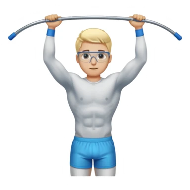 Generate an emoji-style illustration of a muscular blonde young man with blue eyes and transparent glasses, hanging from a pull-up bar. Show his full body from head to toe. Clean, modern emoji design with vibrant colors and simple background. sticker