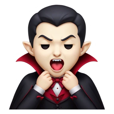 Cinematic Cute Yawning Vampire Portrait Emoji, with a small, rounded, charming pale face accented with tiny playful fangs and droopy, half-closed eyes, head tilted in an adorable wide yawn, dressed in miniature elegant dark attire with a hint of crimson, simplified yet irresistibly endearing, highly detailed with a soft, mysterious glow and gentle outline that captures the cute, drowsy side of an immortal! sticker