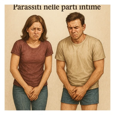 Create a realistic illustration of a man and a woman with clearly pained expressions, holding their intimate areas without explicit details. Above them, include the text 'Parassiti nelle parti intime' in Italian, with an educational and respectful tone. sticker