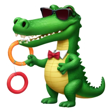 A crocodile with hula hoop, sunglasses, and a bowtie sticker