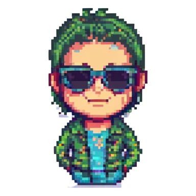 cool guy meme with sunglasses, smirk, pixel art style, retro video game vibe sticker