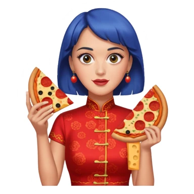 Katy Perry, wearing cheongsam, with pizza sticker