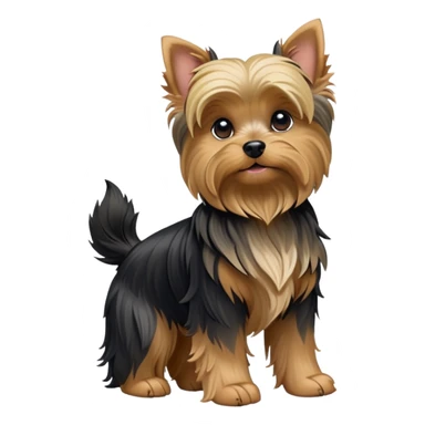 cinematic-[yorkshire terrier]-realistic-full-body-sitting-emoji,-tail-resting-loosely-beside-its-paws,-head-tilted-dramatically,-wavy-[black and tan-fur,-simplified-yet-realistic-focused-features,-highly-detailed,-glowing-with-an-almost-sarcastic-glow sticker