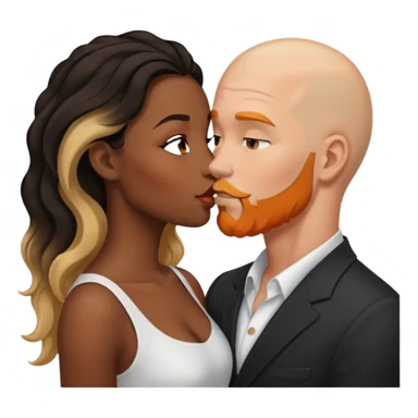 ebony black women with long brown/black wavy hair with blonde highlights kissing bald white man. White man has orange facial hair sticker