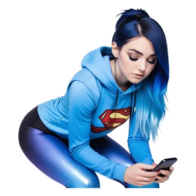 Disapponted-big tears-head back texting on phone-very very large upper body-sexy face-bending forward at waist-very long very straight dark blue to light blue ombre hair-and-blue eyes-thick black eyeliner-goat hoodie-iridescent blue lowcut tanktop with black leggings with glitter superman logo sticker