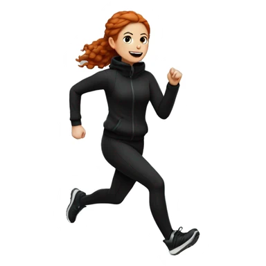 Redhead girl running in winter in all black outfit and white heatphones sticker
