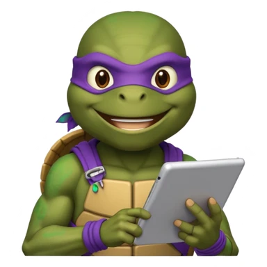 Donatello from Teenage Mutant Ninja Turtles, emoji style, using a tablet with a hacking screen sticker